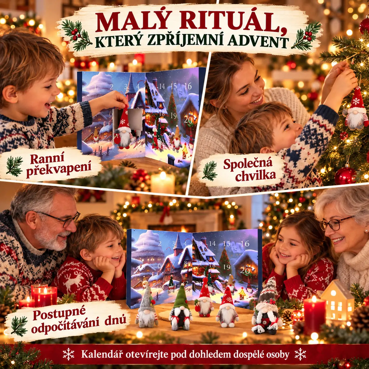 🎄🎅✨【1 sada, 24 okének】Adventní kalendář 2026 s trpaslíky – 1 náhodný trpaslík a 23 různých figurek z PVC / plyše.