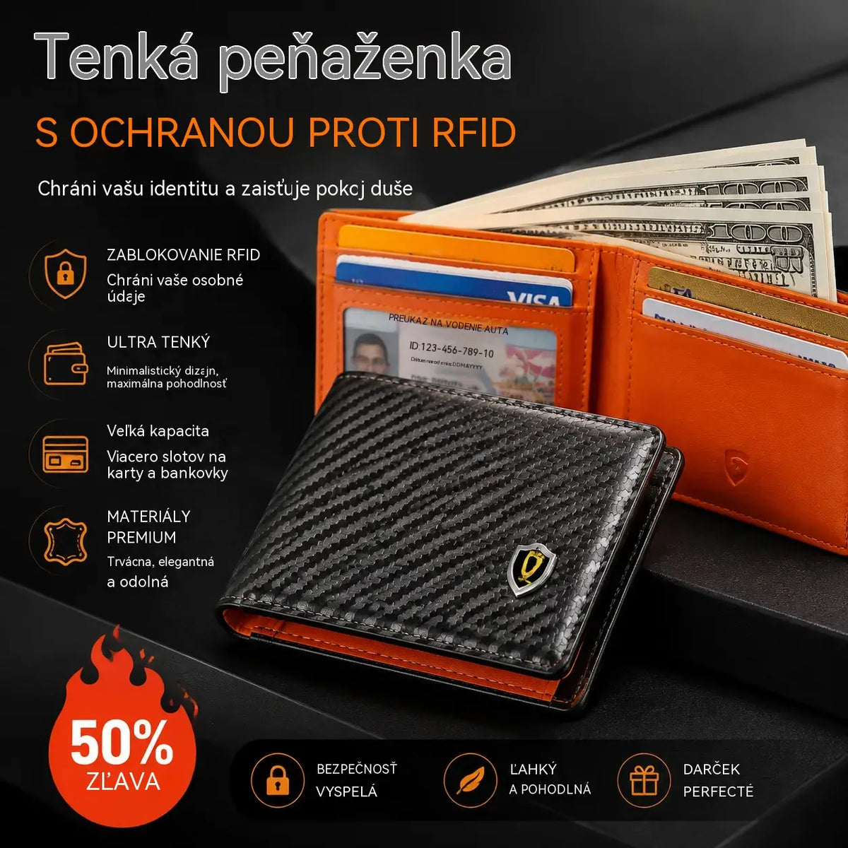 Tenká peněženka s RFID blokováním pro muže