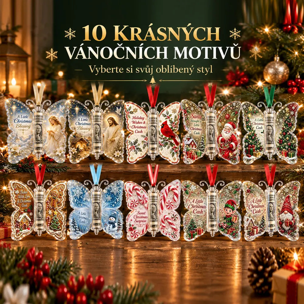 ✨Cena za 5dílnou sadu je 640 Kč🦋💴Vánoční ozdoby ve tvaru motýla mohou pojmout peníze.