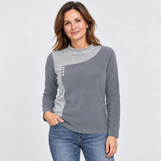 ✨【M–3XL / 6 barev】Barevně kombinovaná halenka se stojáčkem a ozdobnými knoflíky (lehký hřejivý fleece)