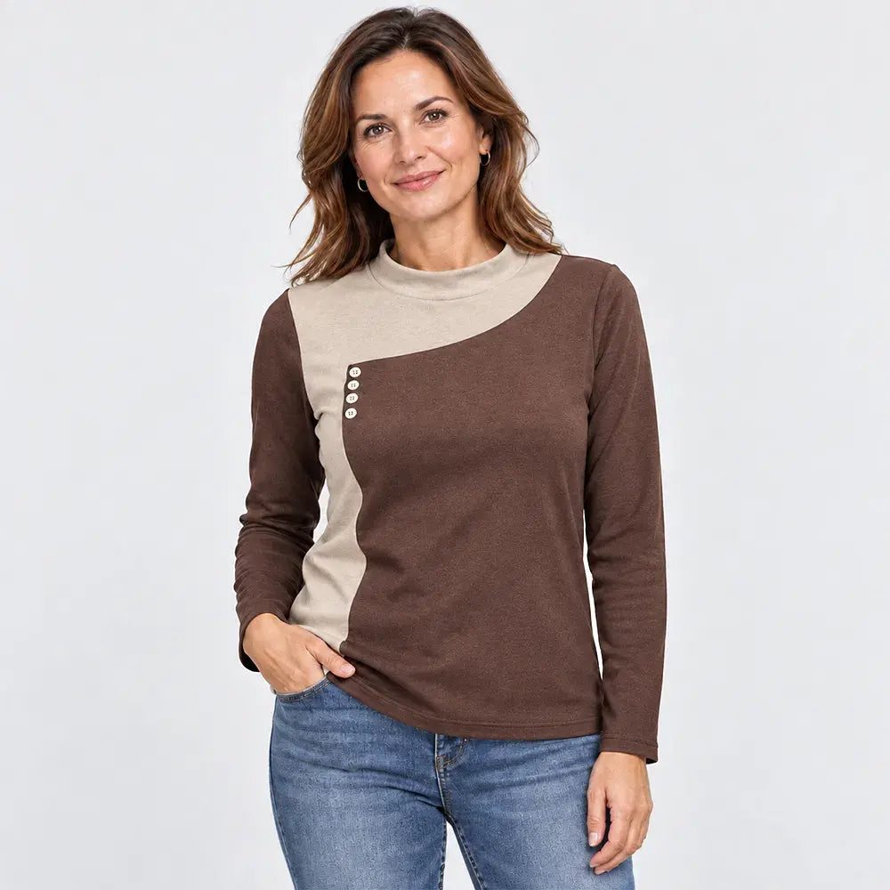 ✨【M–3XL / 6 barev】Barevně kombinovaná halenka se stojáčkem a ozdobnými knoflíky (lehký hřejivý fleece)
