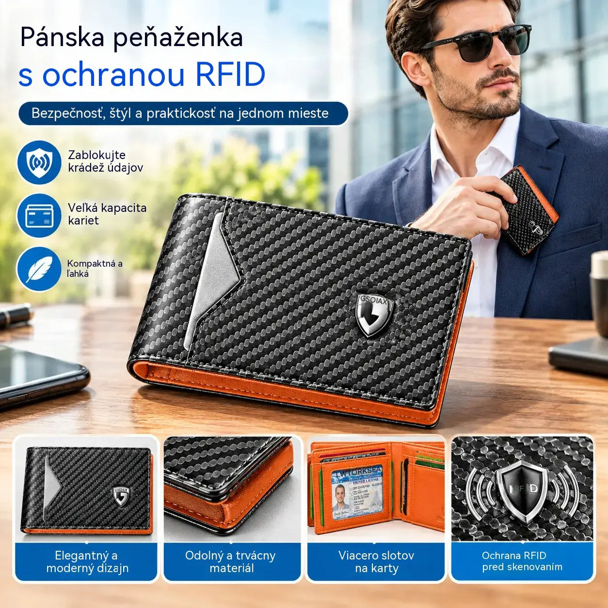 Tenká peněženka s RFID blokováním pro muže