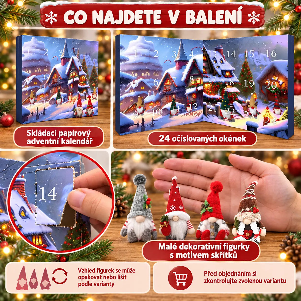 🎄🎅✨【1 sada, 24 okének】Adventní kalendář 2026 s trpaslíky – 1 náhodný trpaslík a 23 různých figurek z PVC / plyše.
