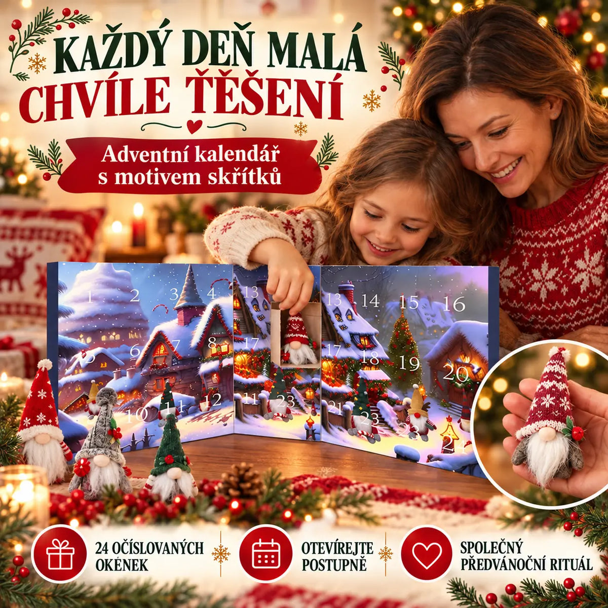 🎄🎅✨【1 sada, 24 okének】Adventní kalendář 2026 s trpaslíky – 1 náhodný trpaslík a 23 různých figurek z PVC / plyše.