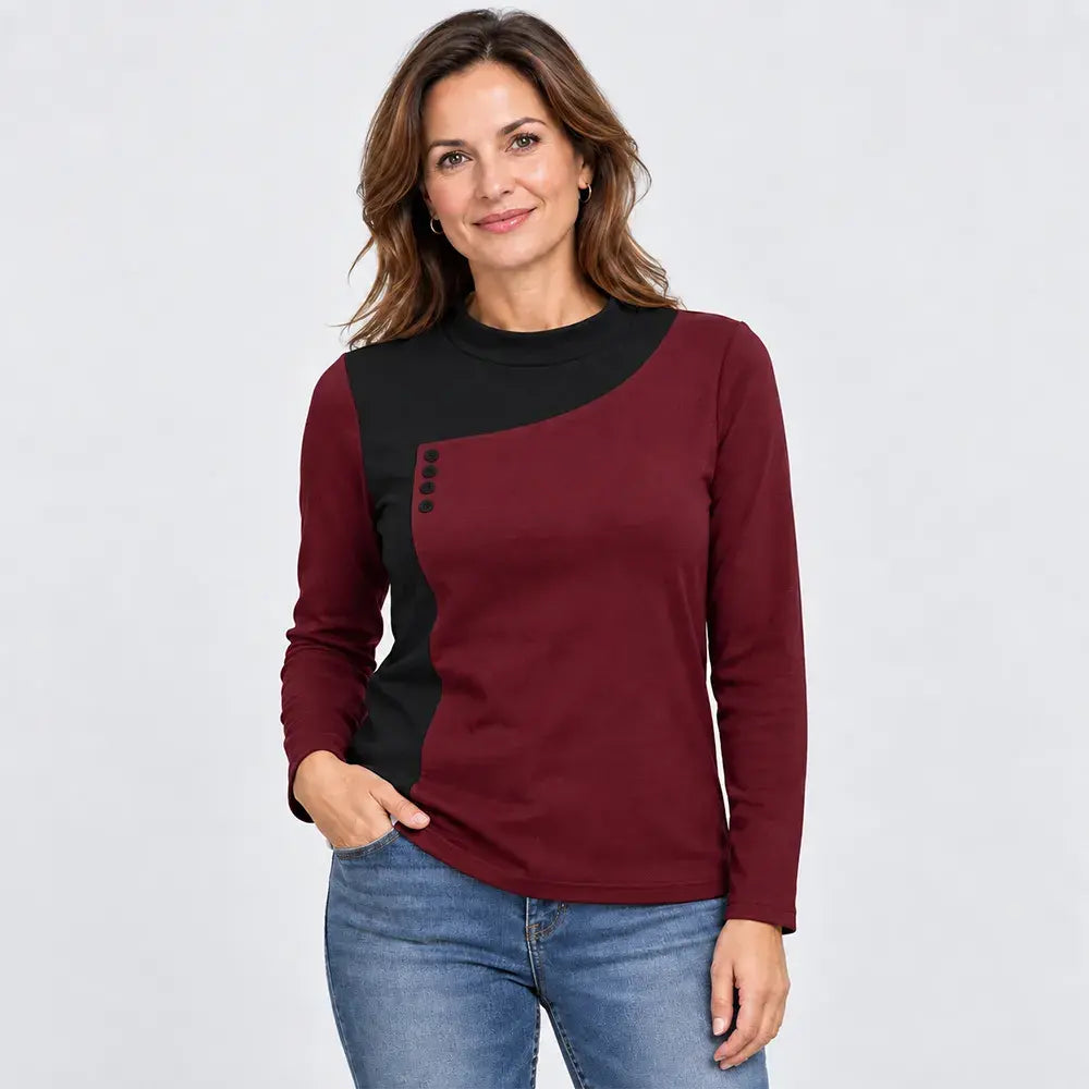 ✨【M–3XL / 6 barev】Barevně kombinovaná halenka se stojáčkem a ozdobnými knoflíky (lehký hřejivý fleece)